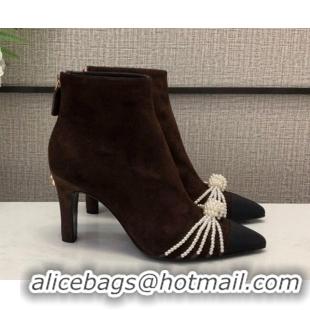 Low Cost Chanel Suede Pearl Knot Heel Short Boots 85mm 22020 Brown