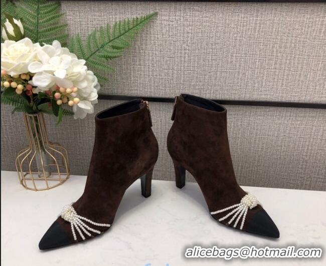 Low Cost Chanel Suede Pearl Knot Heel Short Boots 85mm 22020 Brown