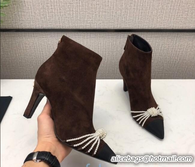 Low Cost Chanel Suede Pearl Knot Heel Short Boots 85mm 22020 Brown