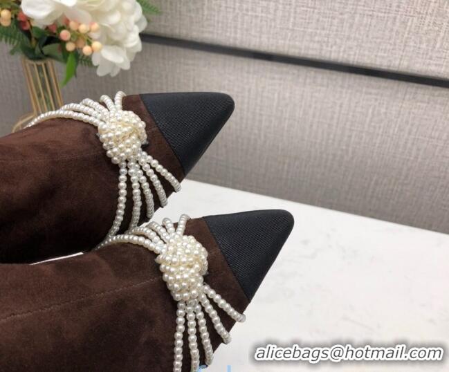 Low Cost Chanel Suede Pearl Knot Heel Short Boots 85mm 22020 Brown