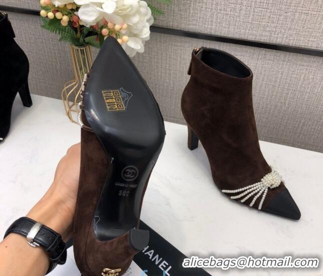 Low Cost Chanel Suede Pearl Knot Heel Short Boots 85mm 22020 Brown