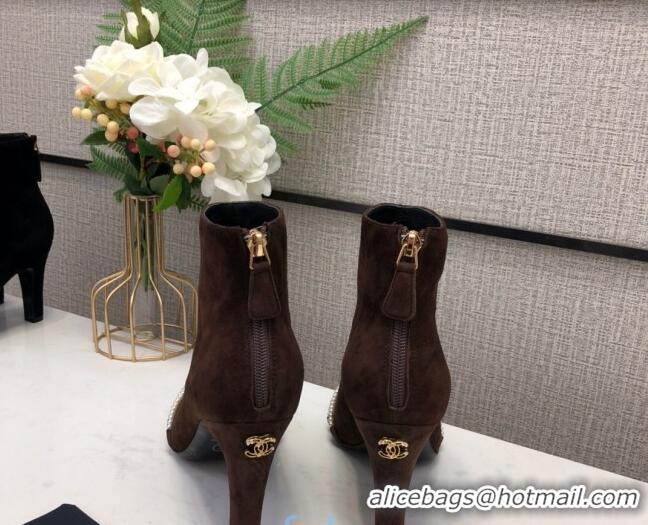 Low Cost Chanel Suede Pearl Knot Heel Short Boots 85mm 22020 Brown