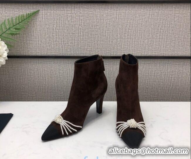 Low Cost Chanel Suede Pearl Knot Heel Short Boots 85mm 22020 Brown