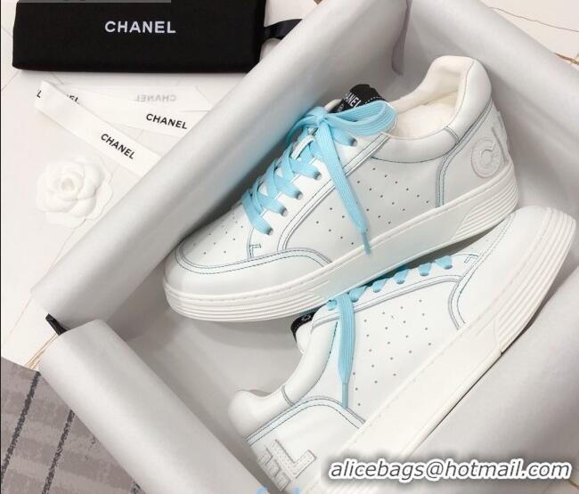 Classic Practical Chanel Calfskin Sneakers G36295 White/Blue 2020