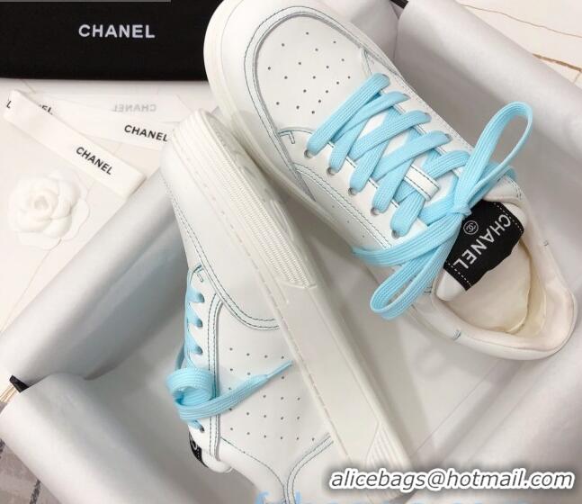 Classic Practical Chanel Calfskin Sneakers G36295 White/Blue 2020