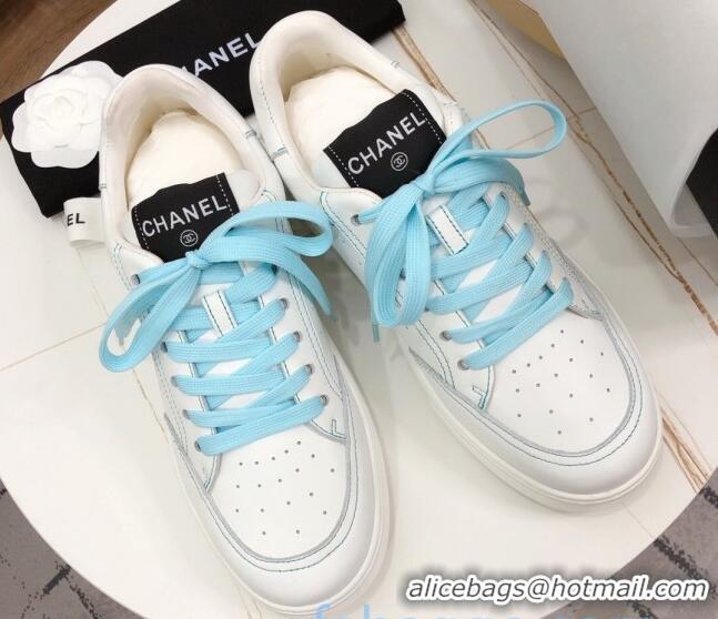 Classic Practical Chanel Calfskin Sneakers G36295 White/Blue 2020