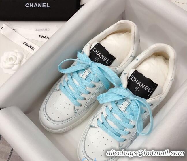 Classic Practical Chanel Calfskin Sneakers G36295 White/Blue 2020