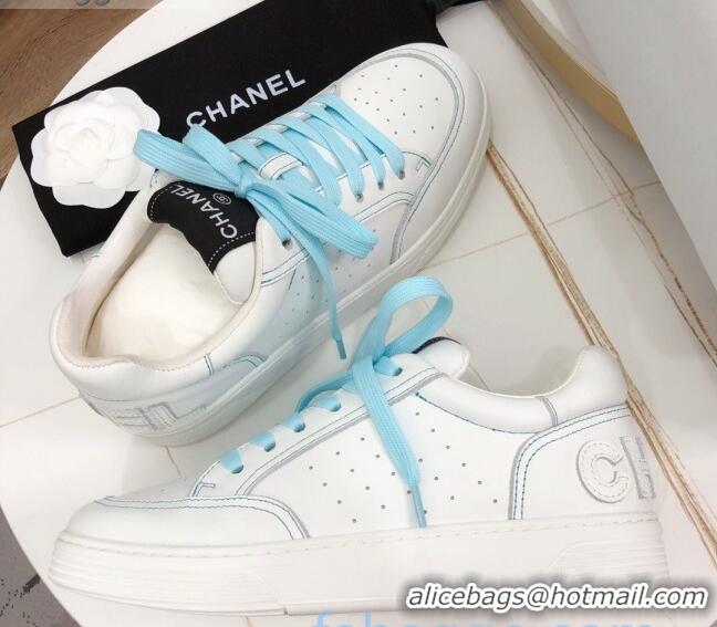 Classic Practical Chanel Calfskin Sneakers G36295 White/Blue 2020