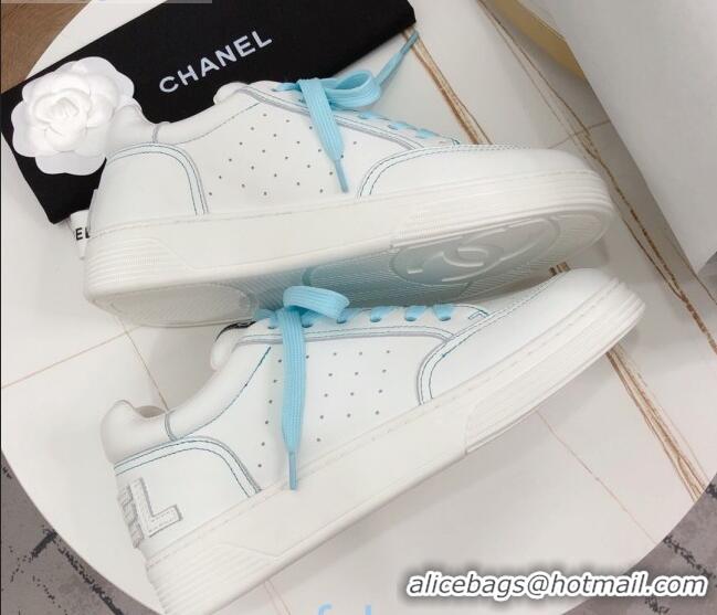 Classic Practical Chanel Calfskin Sneakers G36295 White/Blue 2020