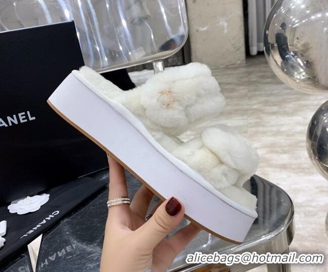 Top Quality Chanel Double Strap Wool Platform Sandals 22052 White