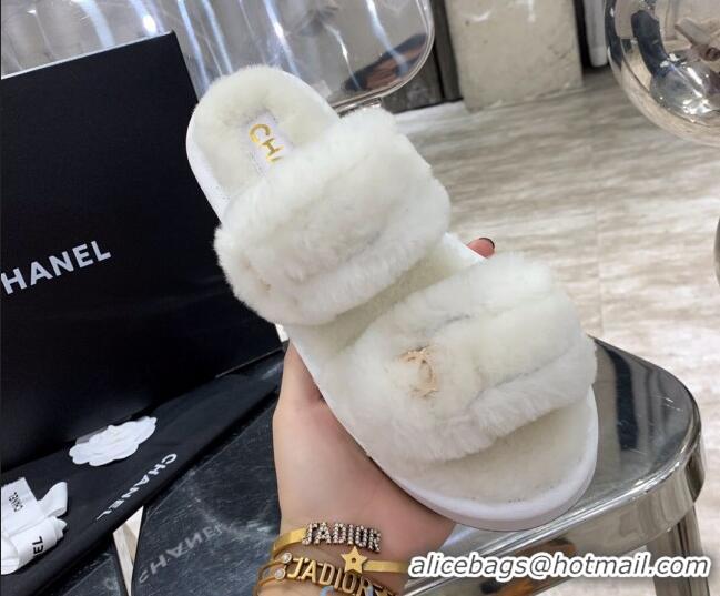 Top Quality Chanel Double Strap Wool Platform Sandals 22052 White