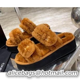 Best Quality Chanel Double Strap Wool Platform Sandals 22052 Brown