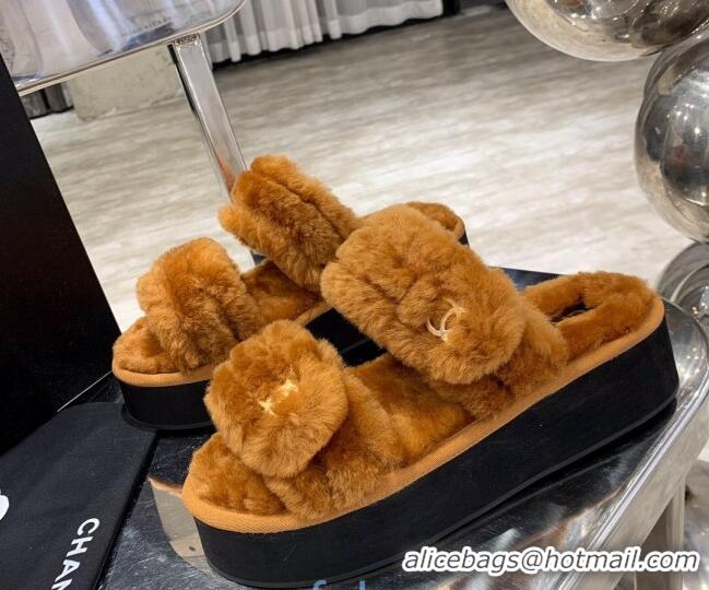 Best Quality Chanel Double Strap Wool Platform Sandals 22052 Brown