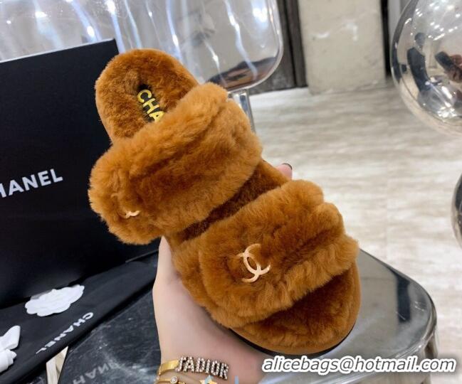 Best Quality Chanel Double Strap Wool Platform Sandals 22052 Brown