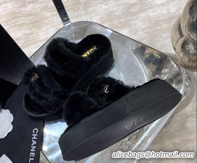 Best Price Chanel Double Strap Wool Platform Sandals 22052 Black