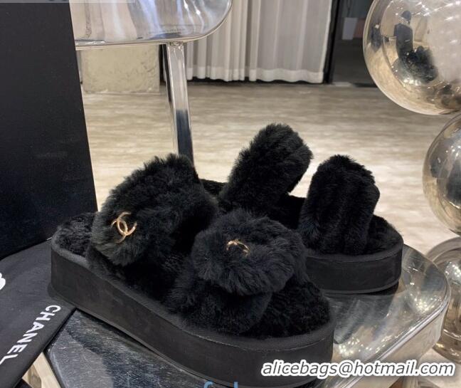 Best Price Chanel Double Strap Wool Platform Sandals 22052 Black