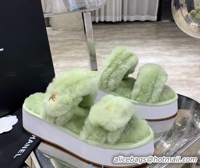 Good Product Chanel Double Strap Wool Platform Sandals 22052 Green