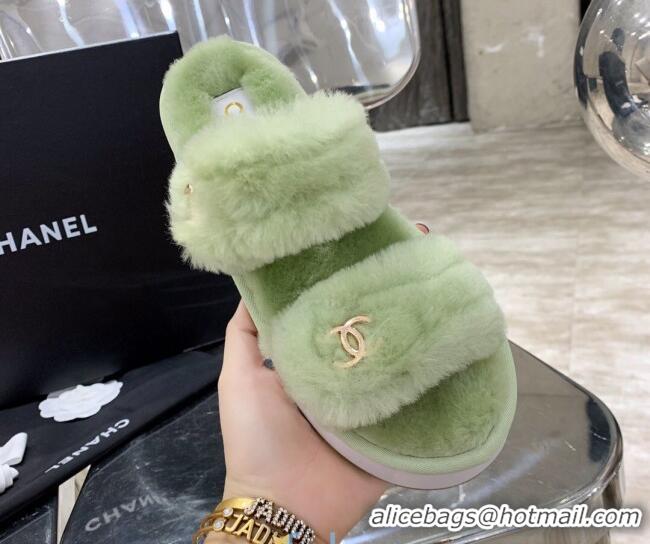 Good Product Chanel Double Strap Wool Platform Sandals 22052 Green