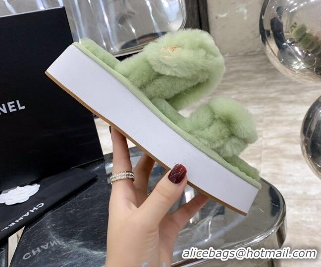 Good Product Chanel Double Strap Wool Platform Sandals 22052 Green