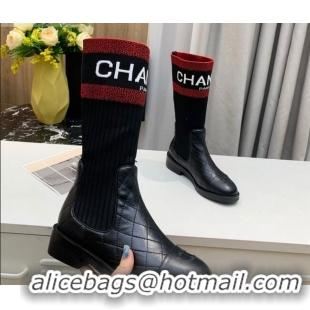 Unique Style Chanel Knit Stretch Sock Short Boots 20102004 Black/Red 2020