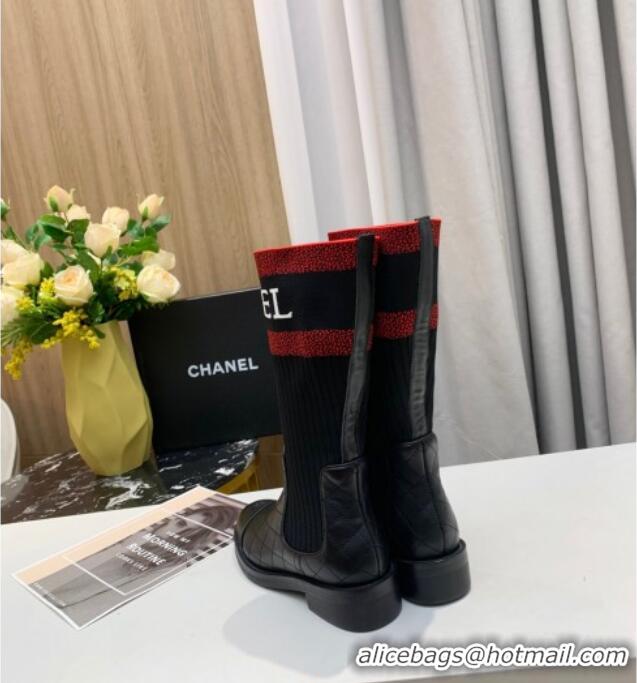 Unique Style Chanel Knit Stretch Sock Short Boots 20102004 Black/Red 2020