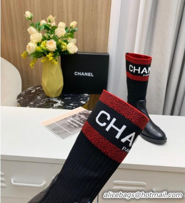 Unique Style Chanel Knit Stretch Sock Short Boots 20102004 Black/Red 2020