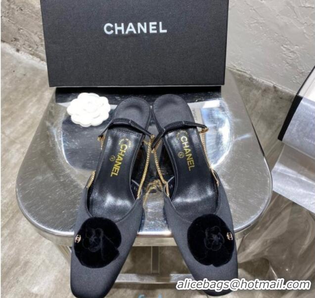 Best Grade Chanel Silk Slingback Pumpa with Camellia and Chain Charm G369126 Black 2020