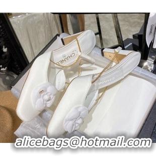 New Style Chanel Silk Slingback Pumpa with Camellia and Chain Charm G369126 White 2020