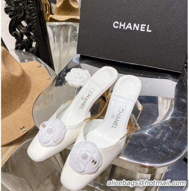 New Style Chanel Silk Slingback Pumpa with Camellia and Chain Charm G369126 White 2020