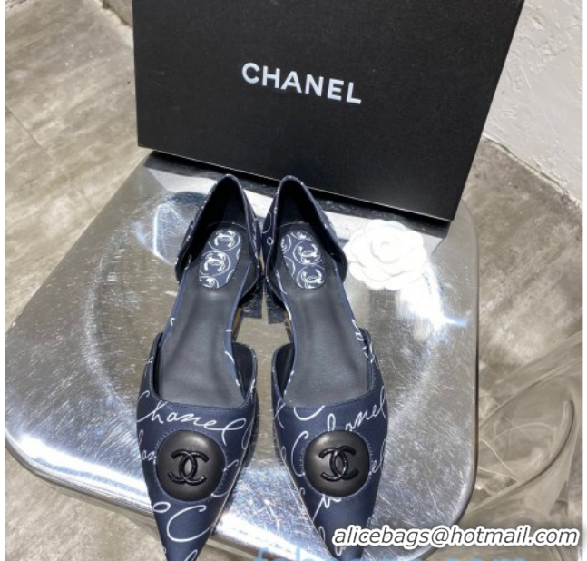 Duplicate Chanel Vintage Signature Silk Flat Ballerinas with Circle CC Charm 20101904 Navy Blue 2020