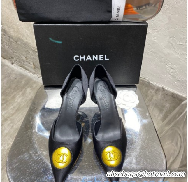 Low Price Chanel Vintage Signature Silk Pumps with Circle CC Charm 70mm 20101907 Black 2020