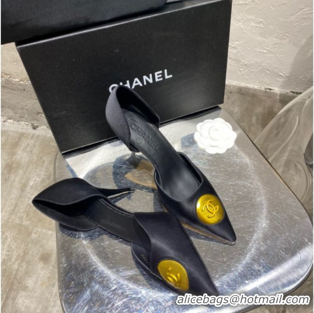 Low Price Chanel Vintage Signature Silk Pumps with Circle CC Charm 70mm 20101907 Black 2020