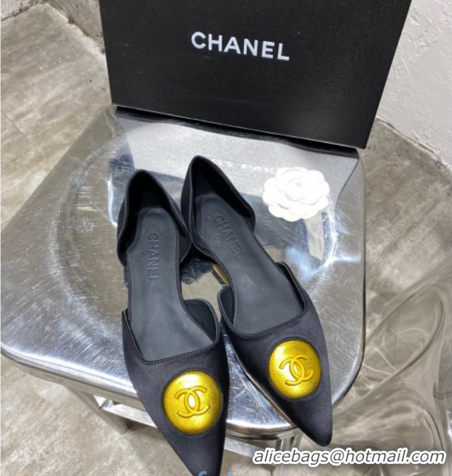 Pretty Style Chanel Vintage Signature Silk Flat Ballerinas with Circle CC Charm 20101908 Black 2020