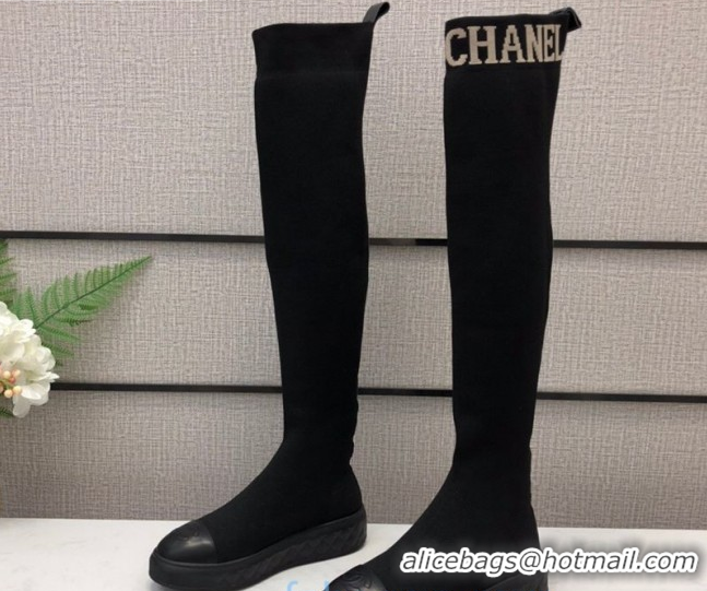 Good Quality Chanel Knit Sock Over-Knee Flat High Boots Black/White 2020