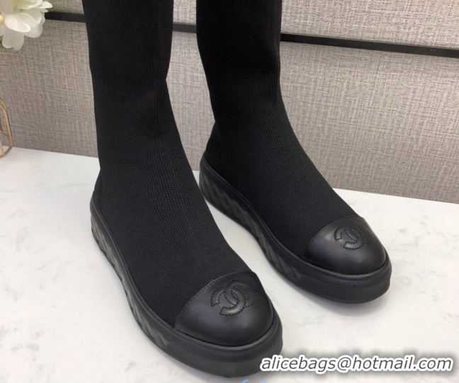 Good Quality Chanel Knit Sock Over-Knee Flat High Boots Black/White 2020