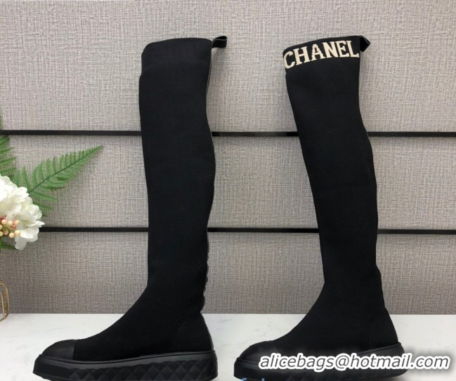 Good Quality Chanel Knit Sock Over-Knee Flat High Boots Black/White 2020