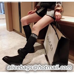 Best Product Chanel Knit Sock Flat Medium High Boots Black/White 02122