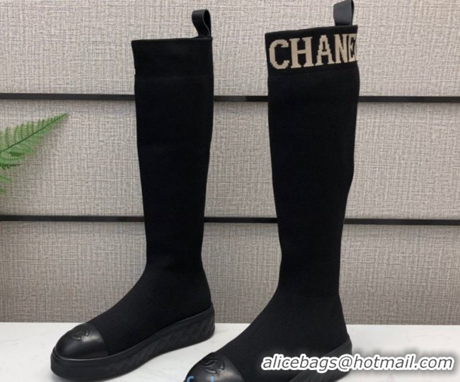 Best Product Chanel Knit Sock Flat Medium High Boots Black/White 02122