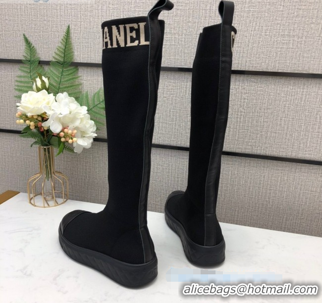 Best Product Chanel Knit Sock Flat Medium High Boots Black/White 02122