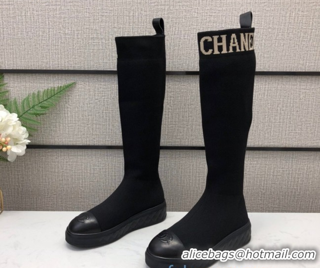 Best Product Chanel Knit Sock Flat Medium High Boots Black/White 02122