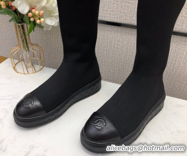 Best Product Chanel Knit Sock Flat Medium High Boots Black/White 02122