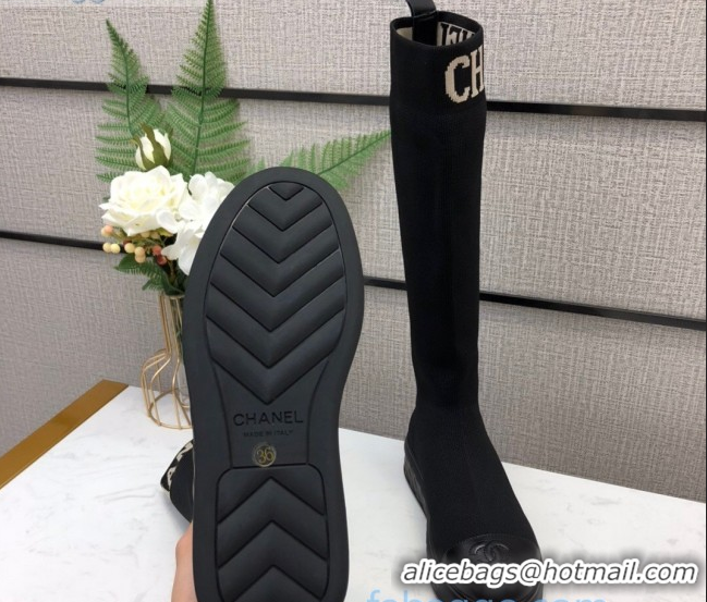 Best Product Chanel Knit Sock Flat Medium High Boots Black/White 02122