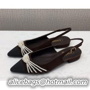 Well Crafted Chanel Suede Pearl Knot Flat Slingbacks G36467 Black 2020