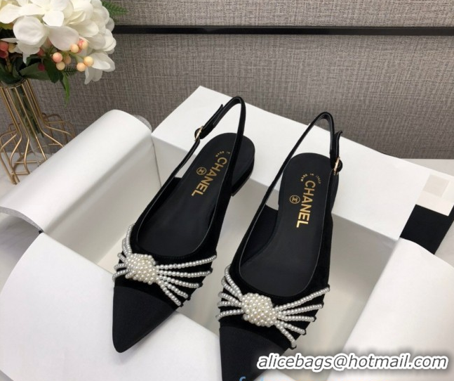 Well Crafted Chanel Suede Pearl Knot Flat Slingbacks G36467 Black 2020