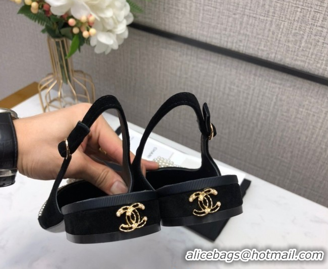 Well Crafted Chanel Suede Pearl Knot Flat Slingbacks G36467 Black 2020