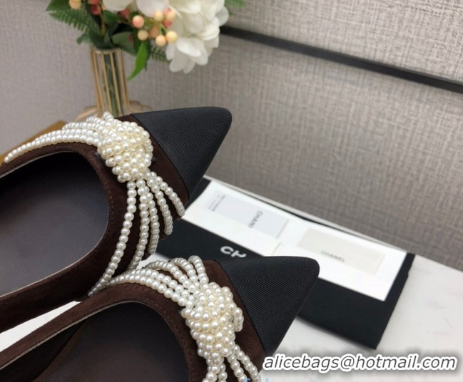 Popular Style Chanel Suede Pearl Knot Flat Slingbacks G36467 Brown 2020