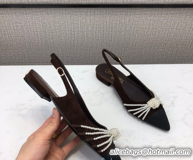 Popular Style Chanel Suede Pearl Knot Flat Slingbacks G36467 Brown 2020