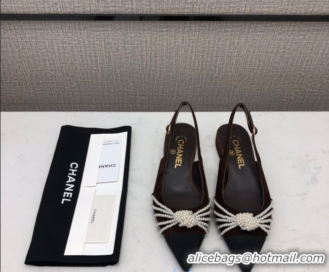 Popular Style Chanel Suede Pearl Knot Flat Slingbacks G36467 Brown 2020