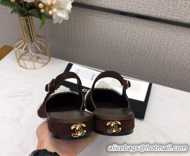 Popular Style Chanel Suede Pearl Knot Flat Slingbacks G36467 Brown 2020