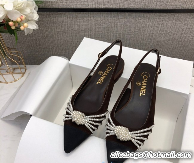 Popular Style Chanel Suede Pearl Knot Flat Slingbacks G36467 Brown 2020